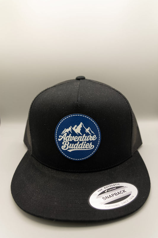 Take Me to the Mountains Blue White Patch Black Flat Trucker Cap