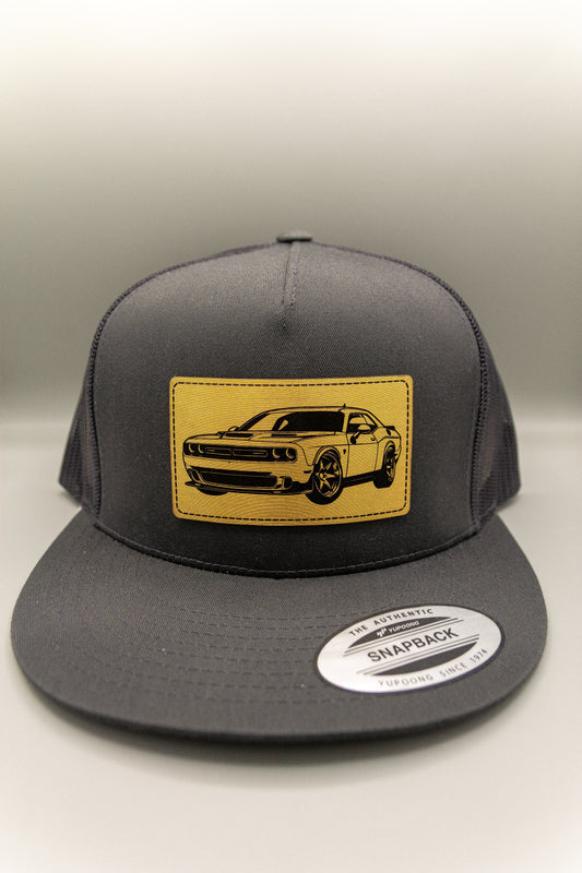 Dodge Challenger Charcoal Flat Trucker Cap with Gold Leatherette Patch