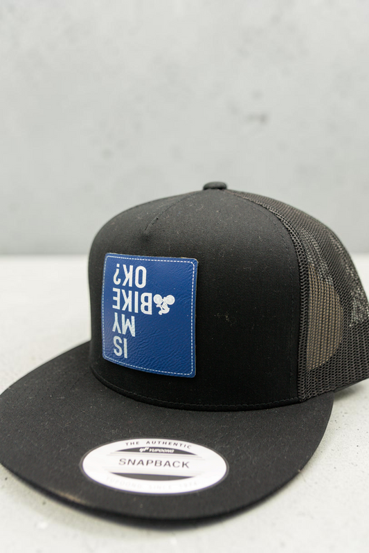 Is My Dirt Bike OK Blue White Patch Black Flat Trucker Cap