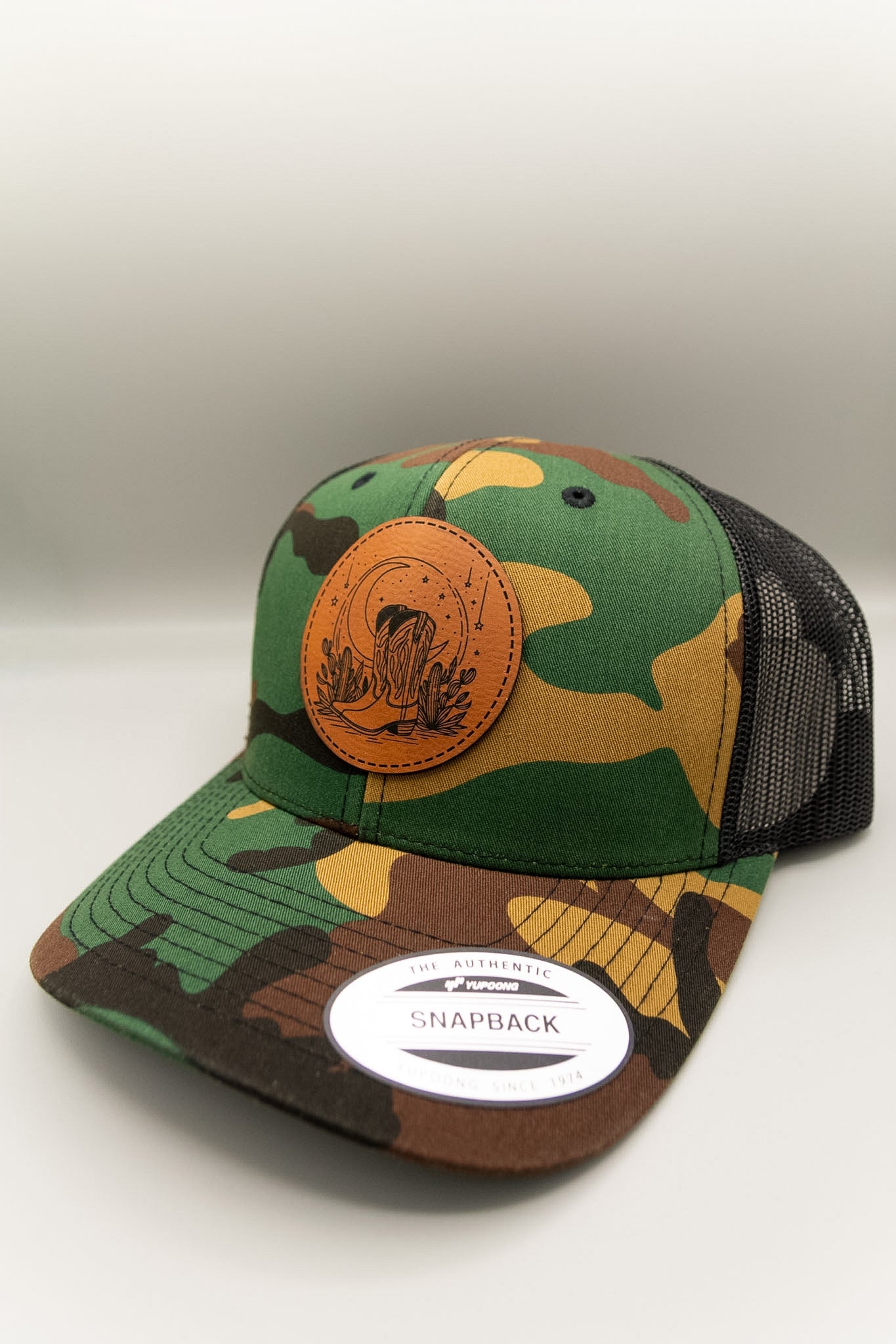 Cowboy Boots Moon and Stars Rawhide Patch Camouflage Trucker Cap