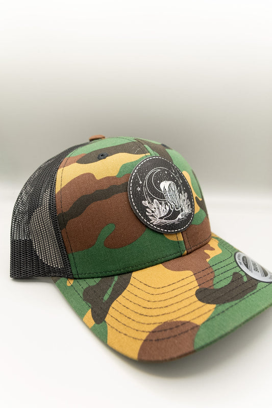 Cowboy Boots Moon and Stars Black Silver Patch Camouflage Trucker Cap