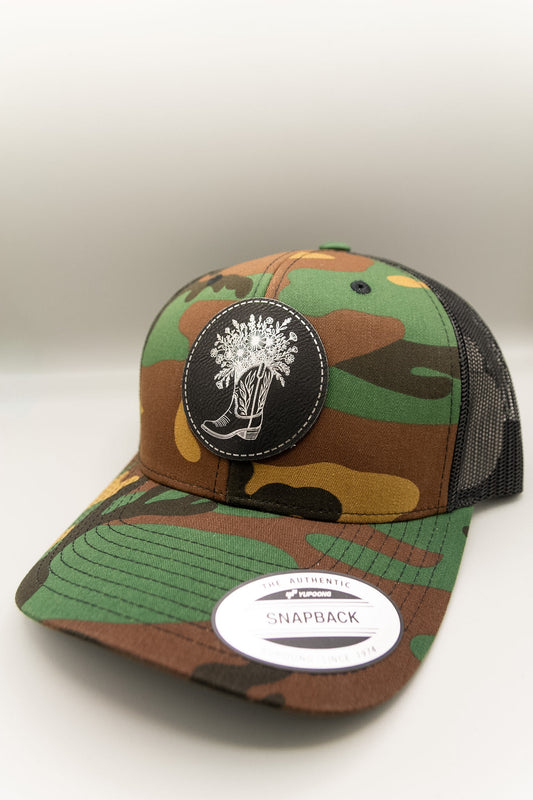 Cowboy Boots Floral Black Silver Patch Camouflage Trucker Cap
