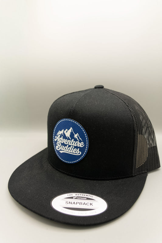 Take Me to the Mountains Blue White Patch Black Flat Trucker Cap