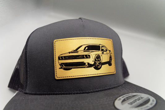 Dodge Challenger Charcoal Flat Trucker Cap with Gold Leatherette Patch