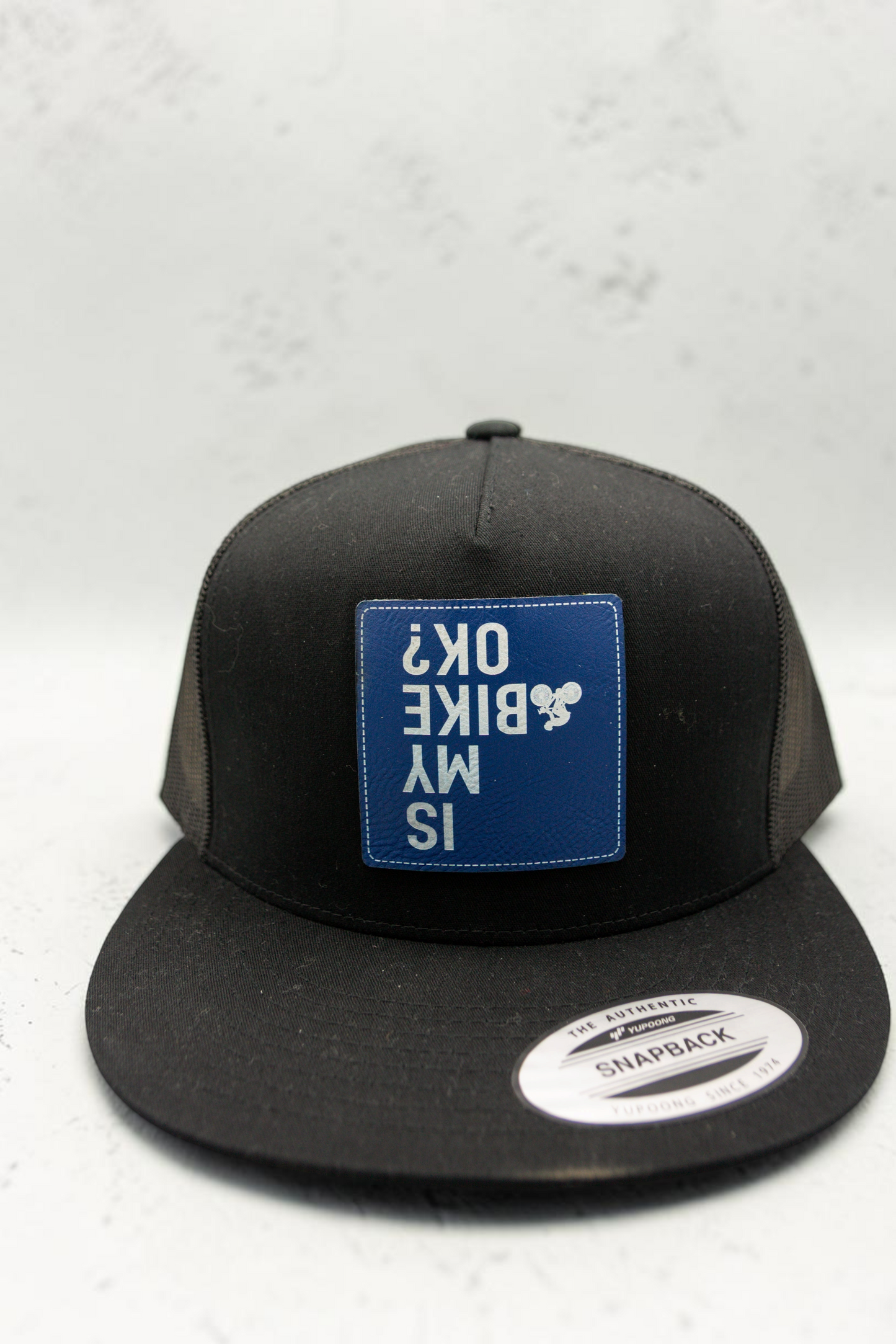 Is My Dirt Bike OK Blue White Patch Black Flat Trucker Cap