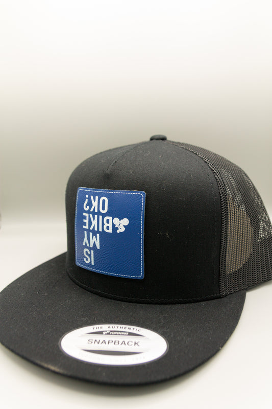 Is My Dirt Bike OK Blue White Patch Black Flat Trucker Cap