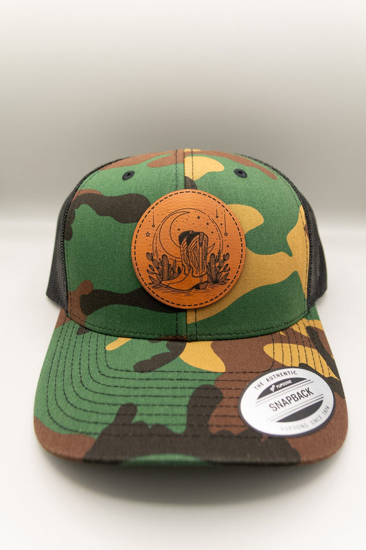 Cowboy Boots Moon and Stars Rawhide Patch Camouflage Trucker Cap