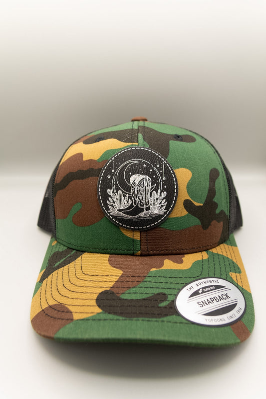 Cowboy Boots Moon and Stars Black Silver Patch Camouflage Trucker Cap