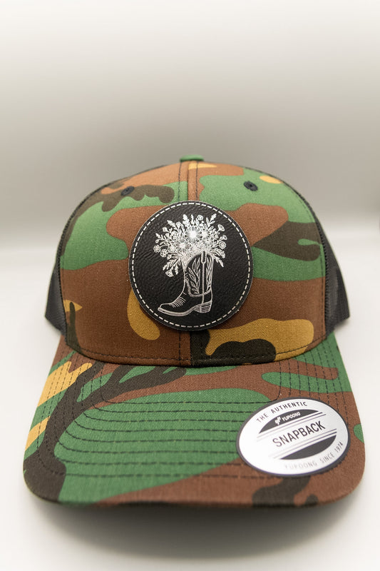 Cowboy Boots Floral Black Silver Patch Camouflage Trucker Cap