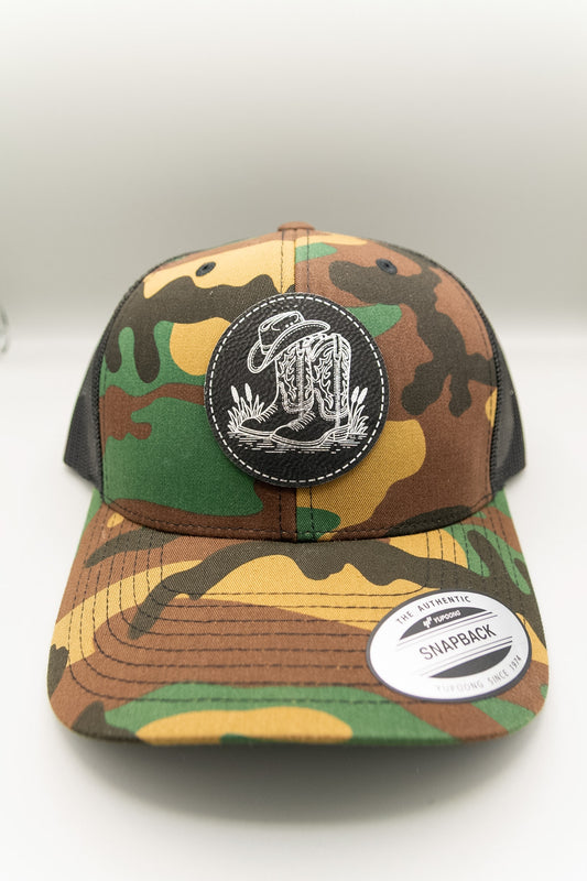 Cowboy Boots with Cowboy Hat Black Silver Patch Camouflage Trucker Cap