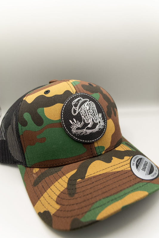 Cowboy Boots with Cowboy Hat Black Silver Patch Camouflage Trucker Cap