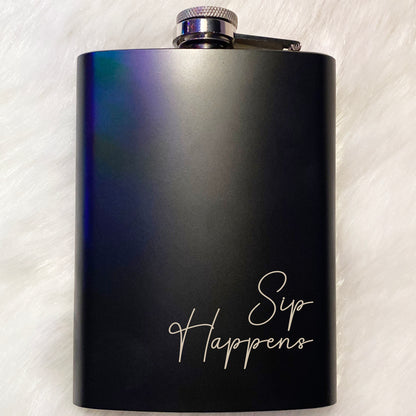 Laser Engraved 8oz Matte Black Stainless Steel Hip Flask